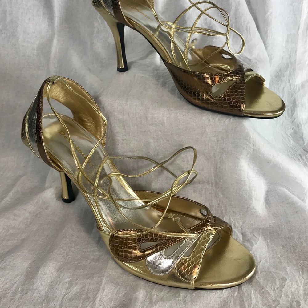 Dress sandal high heels Gold Silver Bronze Tie-Ups